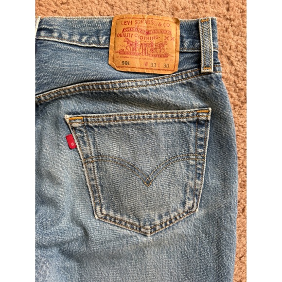 Levi's 501 Jeans Mens Tag 33x30 Blue Wash Distressed Button Fly Denim Pants - Picture 8 of 8